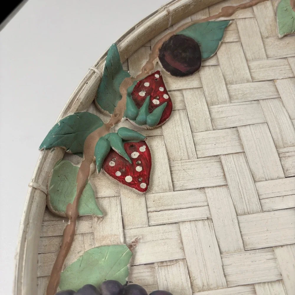 Oval Woven Tray Decorative Fruit Grapes Strawberries Pears‎ Serving Platter VTG